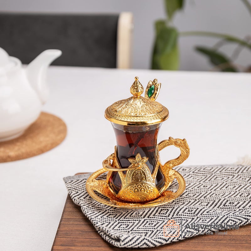 Alisveristime Handmade Turkish Tea Glass Set - Traditional Turkish Motifs, Set of 6 with Lids and Bonus Tea Spoons (Gold) - Image 2